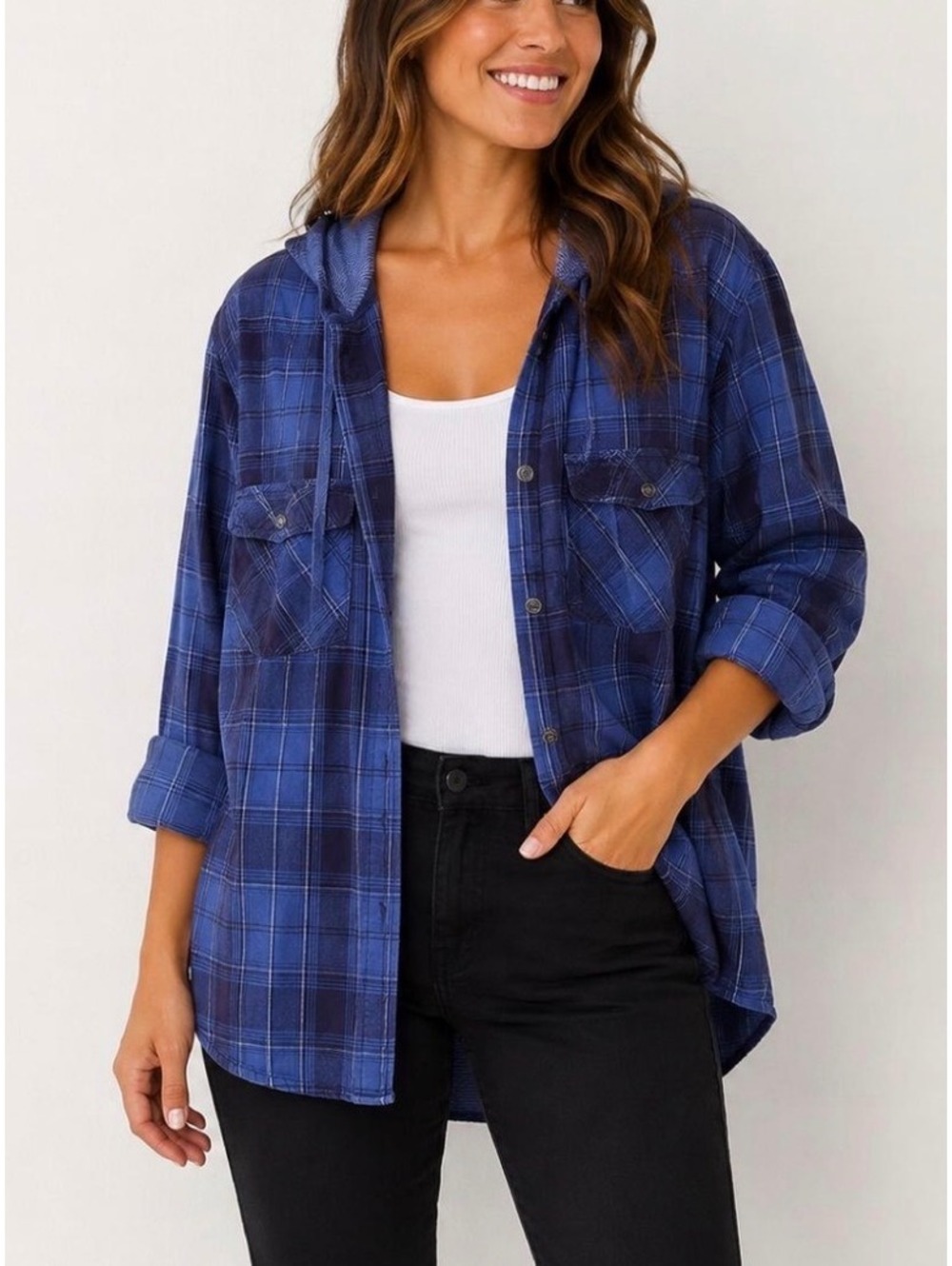 Columbia plaid women’s cotton button up hoodie shirt
